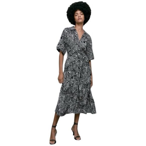 Zara Dresses & Skirts - Zara Black White Shirt Midi Belted Dress size S